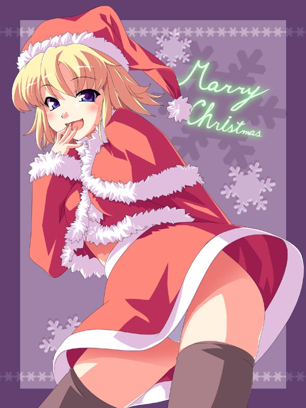 hinohoshi ataru, 1girl, black thighhighs, blonde hair, blue eyes, blush, christmas, female focus, hat, open mouth, panties, pantyshot, santa costume, santa hat, solo, standing, thighhighs, underwear, upskirt, white panties