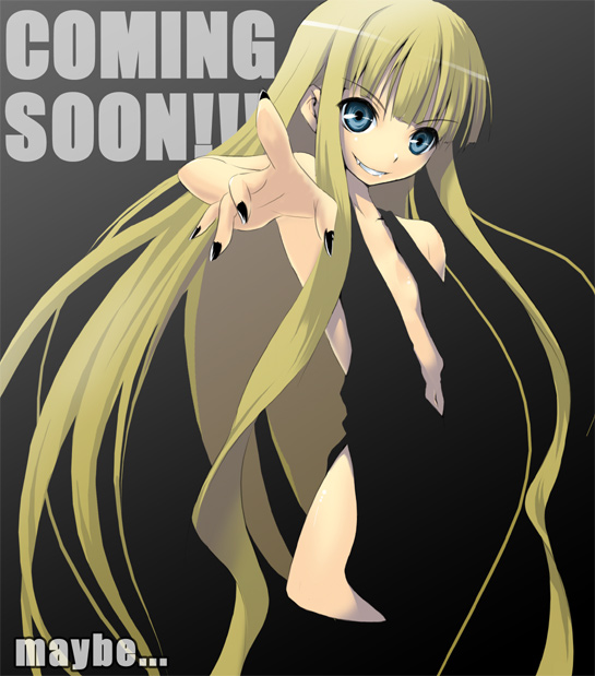 nilitsu, evangeline a.k. mcdowell, mahou sensei negima!, 00s, 1girl, black background, blonde hair, blue eyes, english text, fang, female focus, long hair, navel, reaching, reaching towards viewer, simple background, smile, solo, thighhighs, vampire, very long hair