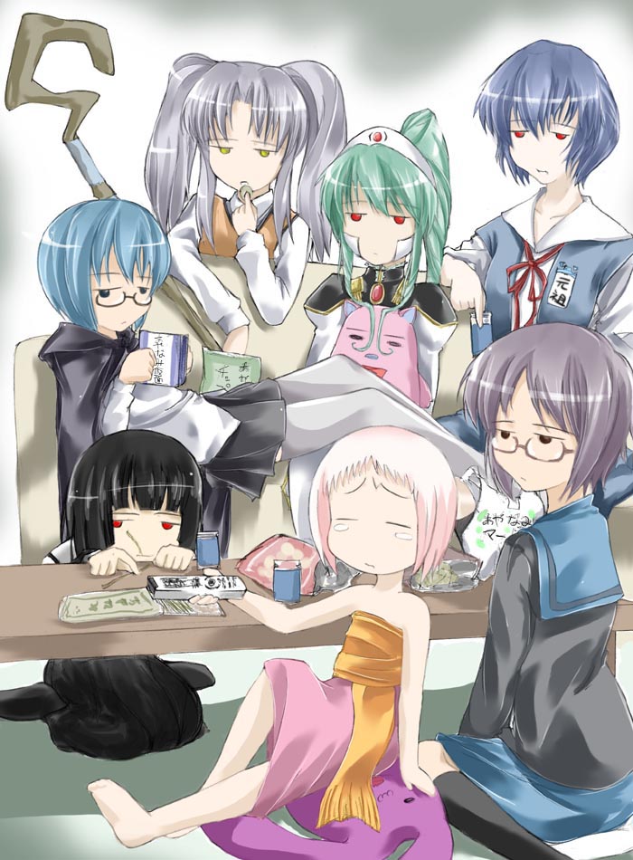 abubu, ayanami rei, enma ai, guu (jungle wa itsumo), hoshino ruri, nagato yuki, normad, tabitha (zero no tsukaima), vanilla h, broccoli (company), galaxy angel, jigoku shoujo, jungle wa itsumo hare nochi guu, kidou senkan nadesico, neon genesis evangelion, suzumiya haruhi no yuuutsu, zero no tsukaima, 00s, 6+girls, blue hair, blunt bangs, crossover, expressionless, hime cut, jitome, multiple crossover, multiple girls, pantyhose, party, trait connection, white pantyhose