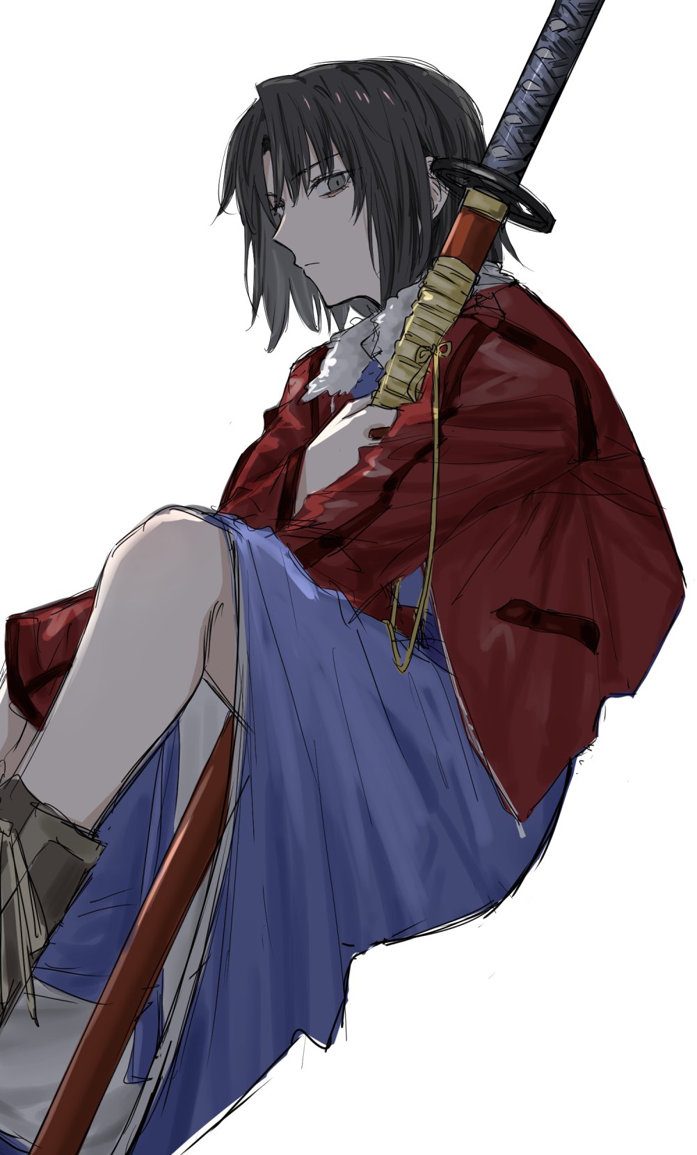 egomeshi, ryougi shiki, kara no kyoukai, highres, 1girl, black eyes, black hair, blue kimono, boots, holding, holding sword, holding weapon, jacket, japanese clothes, kimono, looking at viewer, open clothes, open jacket, red jacket, short hair, simple background, sword, weapon, white background