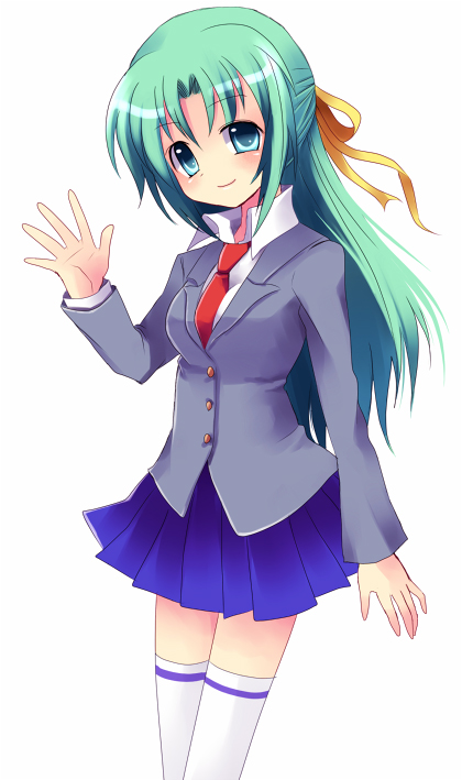 subaru (yachika), sonozaki shion, higurashi no naku koro ni, 00s, 1girl, aqua eyes, blazer, blush, bow, dress shirt, female focus, green hair, hair ribbon, half updo, jacket, long hair, necktie, pleated skirt, ribbon, shirt, skirt, smile, solo, thighhighs, white background