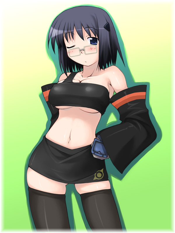 ikujitto, player character (mabinogi), mabinogi, 1girl, female focus, glasses, midriff, miniskirt, pencil skirt, skirt, solo, thighhighs, zettai ryouiki