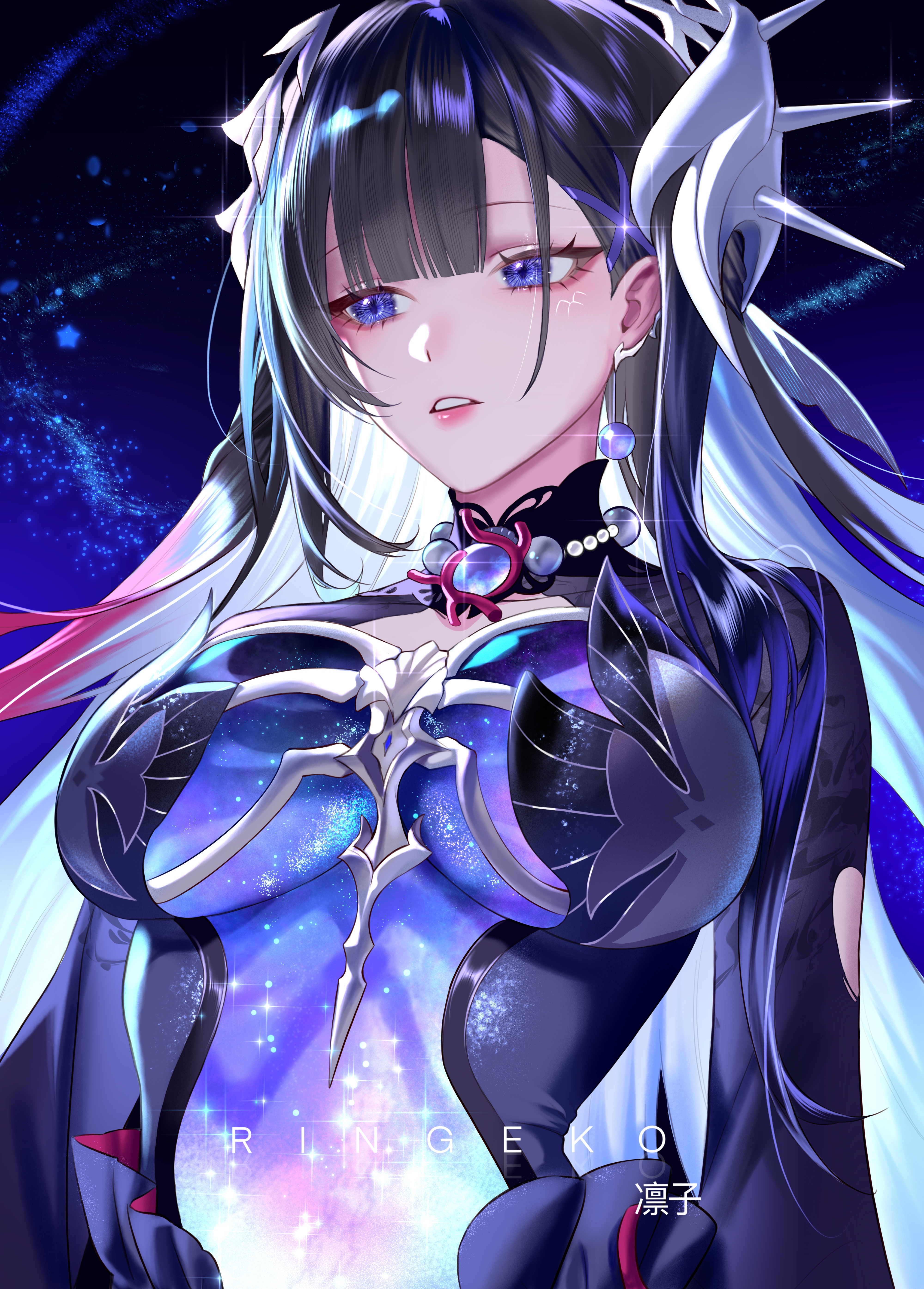 ringeko-chan, hysilens (honkai: star rail), honkai: star rail, honkai (series), absurdres, commentary, highres, 1girl, artist name, black shrug, blue hair, breasts, colored inner hair, earclip, hair ornament, large breasts, long hair, multicolored hair, parted lips, purple eyes, purple hair, scales, shrug (clothing), sideways glance, solo, upper body, very long hair
