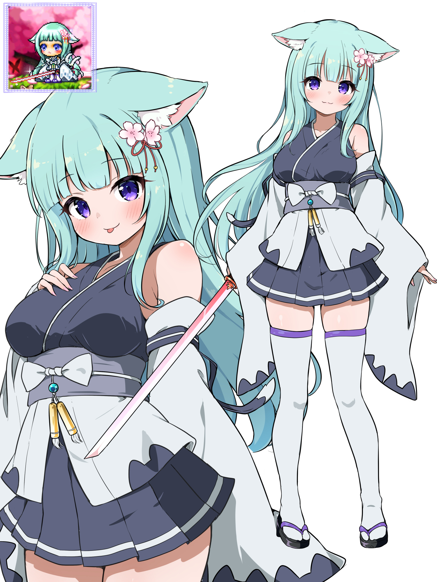 nekono rin, maplestory, commentary request, highres, 1girl, :3, animal ear fluff, animal ears, aqua hair, bare shoulders, black sandals, breasts, closed mouth, detached sleeves, flower, hair flower, hair ornament, japanese clothes, large breasts, long hair, multiple views, pleated skirt, purple eyes, sandals, simple background, skirt, tabi, thighhighs, tongue, tongue out, white background, white sleeves, white thighhighs, zouri