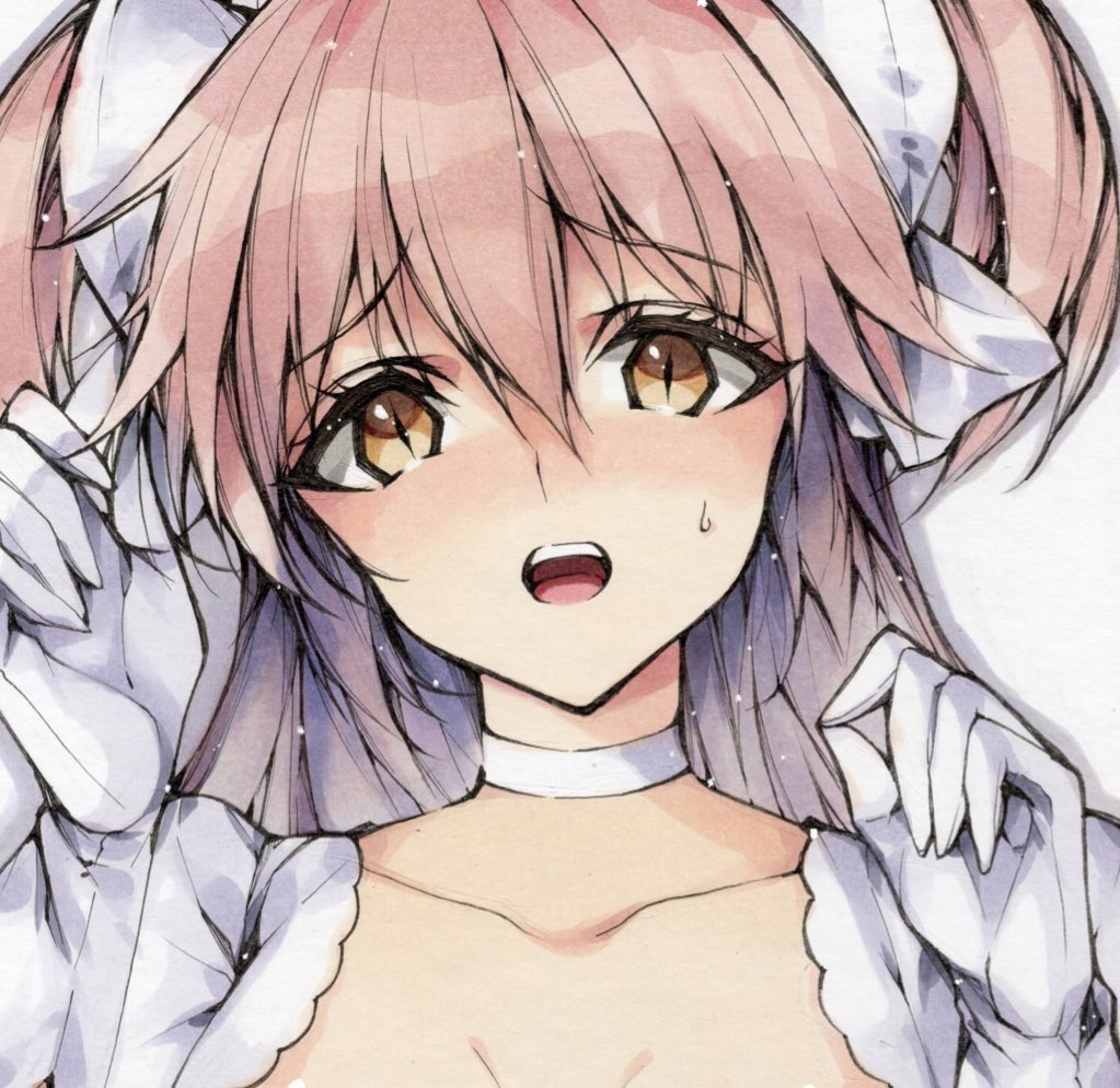 misteor, kaname madoka, ultimate madoka, mahou shoujo madoka magica, 1girl, bow, choker, dress, gloves, hair bow, long hair, multiple hair bows, open mouth, pink hair, portrait, small sweatdrop, solo, two side up, white bow, white choker, white dress, white gloves, yellow eyes