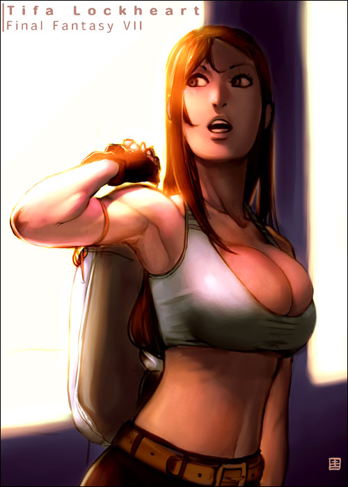 qiqo, tifa lockhart, final fantasy, final fantasy vii, square enix, 1990s (style), 1girl, armpits, breasts, bursting breasts, character name, cleavage, copyright name, female focus, large breasts, looking back, retro artstyle, solo, sports bra