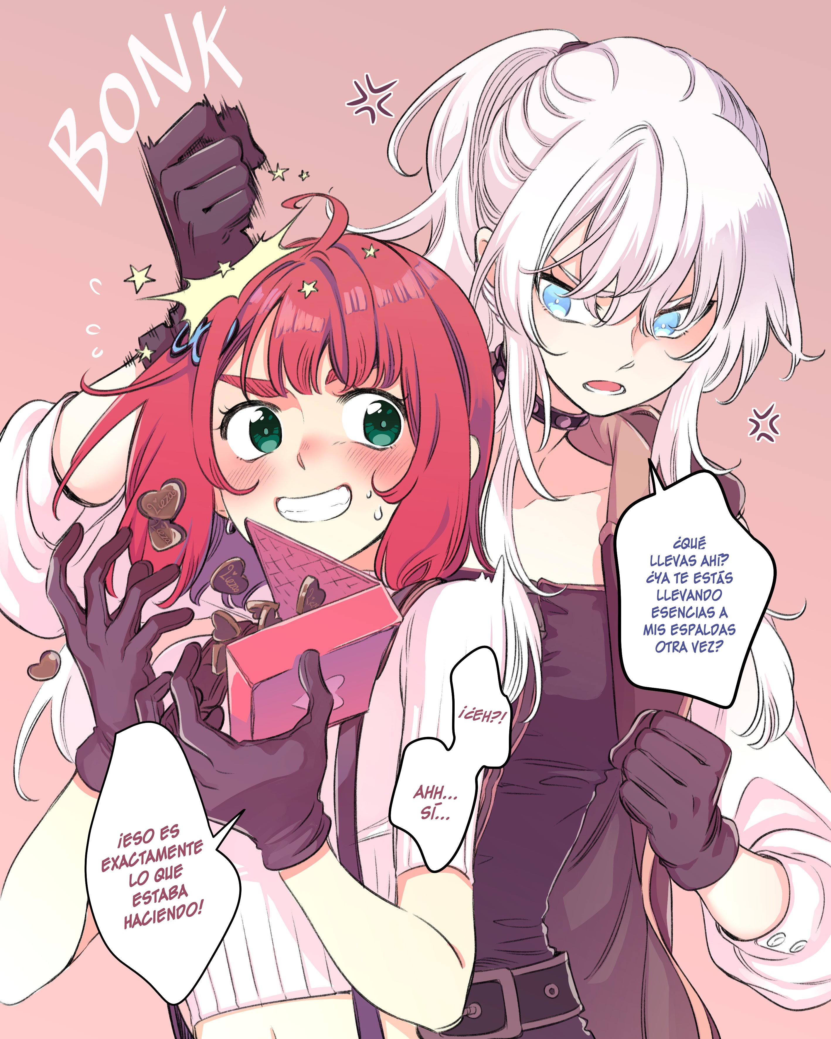 ana c. sanchez, absurdres, highres, translation request, 2girls, ahoge, anger vein, angry, arm up, aurora edelweiss, behind another, belt, black belt, black choker, black gloves, black shirt, blue eyes, blush, box, box of chocolates, breasts, candy, character name, chocolate, chocolate heart, choker, clenched hands, collarbone, crop top, cropped shirt, dropping, food, gloves, green eyes, grin, hair ornament, hands up, heart, heart-shaped food, hitting, holding, holding box, jacket, lieza (limbo), limbo (manga), long hair, long sleeves, looking at another, looking to the side, lower teeth only, medium breasts, medium hair, midriff, motion lines, multiple girls, navel, open clothes, open jacket, open mouth, pink background, ponytail, red hair, shirt, shirt tucked in, short sleeves, sidelocks, simple background, smile, spanish text, speech bubble, standing, star (symbol), surprised, suspenders, sweat, teeth, upper body, v-shaped eyebrows, white hair, white jacket, white shirt, yuri