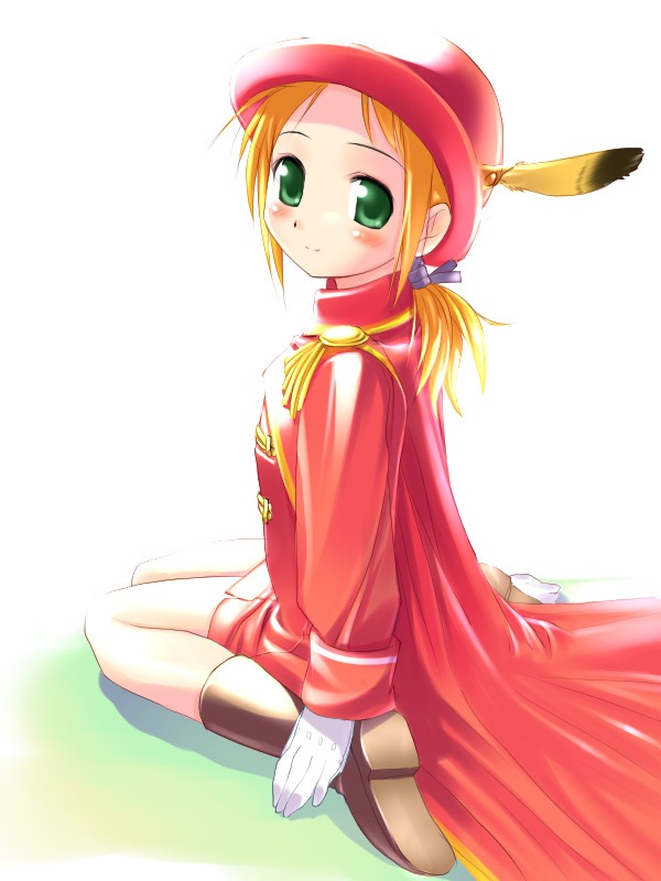 hima, krile mayer baldesion (ff5), red mage (final fantasy), final fantasy, final fantasy v, 1990s (style), 1girl, blonde hair, blush, boots, cape, feathers, female focus, gloves, green eyes, hat, looking back, miniskirt, ponytail, retro artstyle, skirt, smile, solo