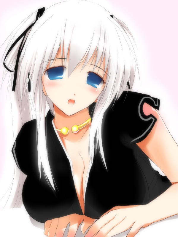 hima, nao (mabinogi), mabinogi, silver hair, 1girl, black ribbon, blue eyes, breasts, cleavage, female focus, hair ribbon, large breasts, long hair, looking at viewer, open mouth, ribbon, side ponytail, smile, solo