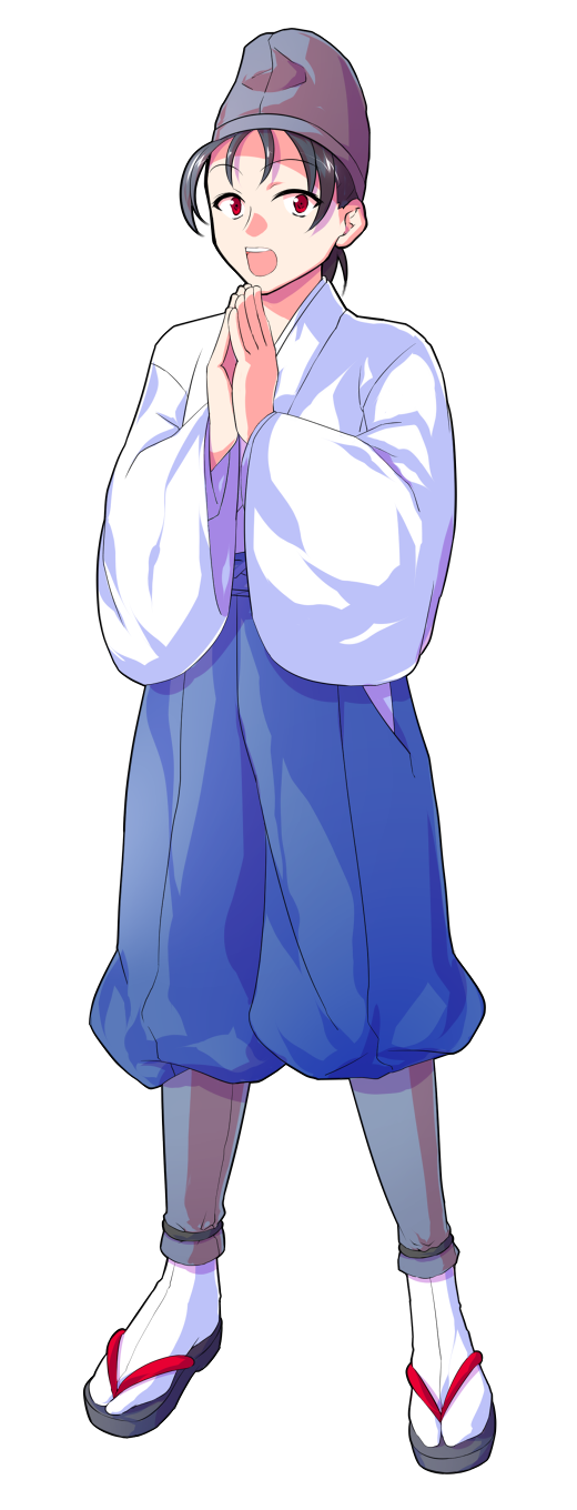 dairi, shingyoku (male), shingyoku (touhou), touhou, touhou (pc-98), commentary request, highres, large variant set, variant set, 1boy, alphes (style), black hair, black sandals, blue pants, full body, grey hat, hat, japanese clothes, legs apart, long sleeves, male focus, own hands together, pants, parody, red eyes, sandals, short hair, socks, solo, standing, straight hair, style parody, tabi, tachi-e, tate eboshi, transparent background, white socks, wide sleeves