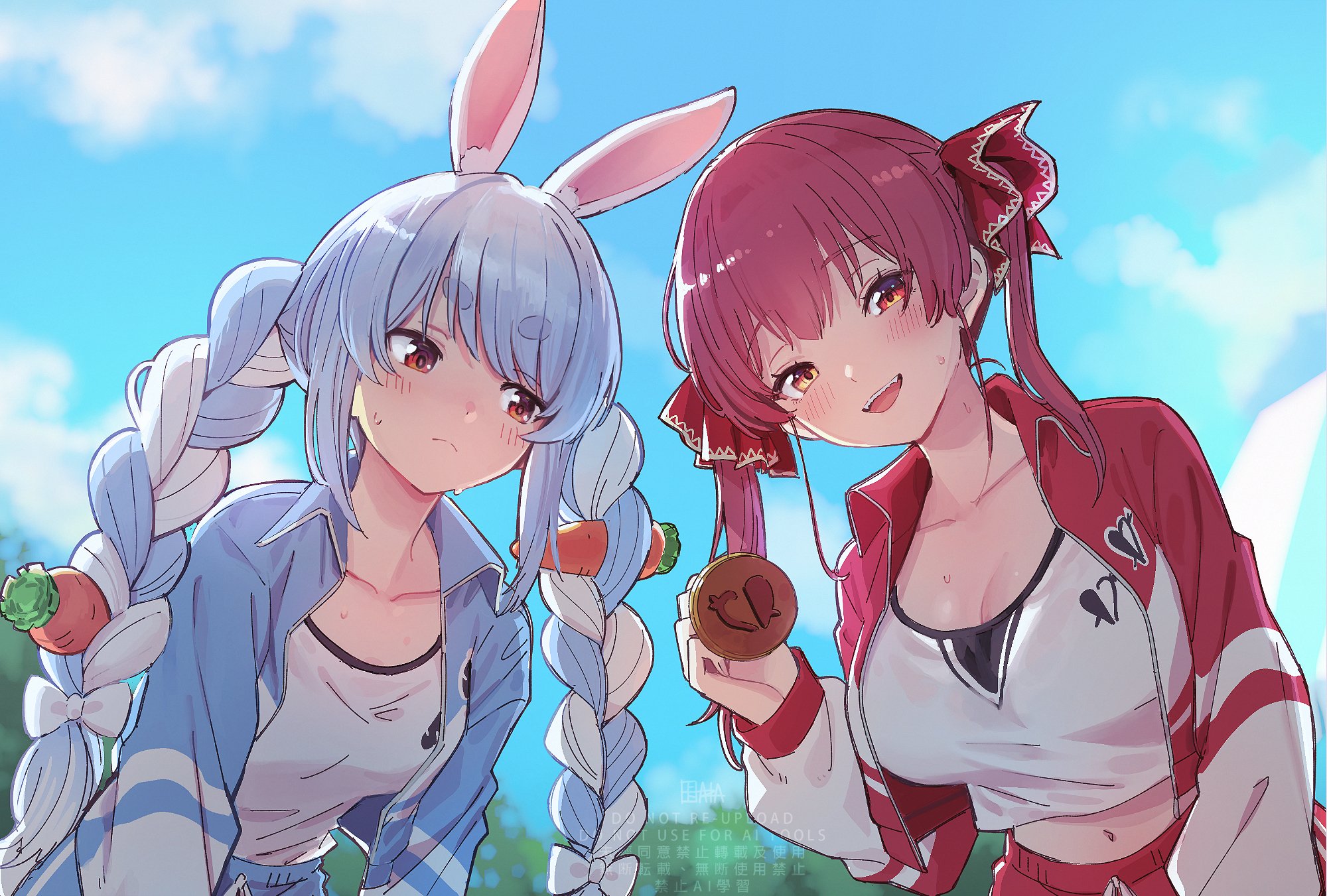 a-ka, houshou marine, usada pekora, hololive, highres, tagme, 2girls, animal ears, blush, bow, braid, breasts, closed mouth, collarbone, crop top, hair bow, jacket, large breasts, midriff, multiple girls, open mouth, pants, shirt, track jacket, twin braids, twintails, white shirt