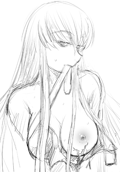 c.c., code geass, 00s, 1girl, breasts, female focus, greyscale, large breasts, monochrome, mouth hold, nipples, scar, solo