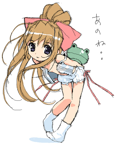 mibu natsuki, bent over, bloomers, bow, brown hair, flat chest, frog, hair bow, loli, long hair, open clothes, open shirt, ponytail, purple eyes, ribbon, shirt, smile, socks, solo, strap slip, underwear, very long hair, white bloomers