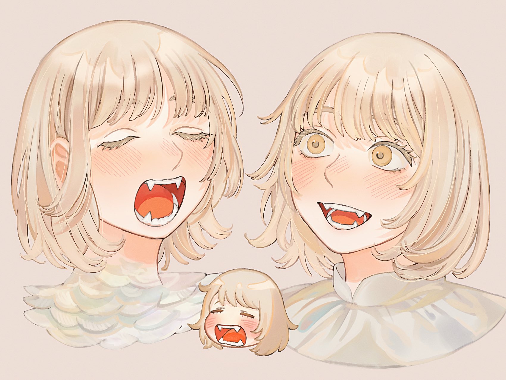 sasakura34, falin touden, dungeon meshi, alt text, highres, 1girl, blonde hair, blush, brown background, chibi, chibi inset, closed eyes, colored eyelashes, cropped shoulders, fangs, feathers, hair behind ear, looking ahead, multiple views, open mouth, shirt, short hair, simple background, smile, teeth, white feathers, white shirt, yellow eyes