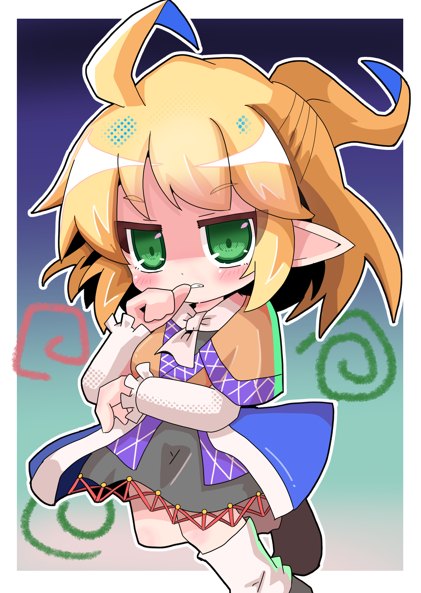 seputok0904, mizuhashi parsee, touhou, commentary request, highres, 1girl, ahoge, biting, biting own thumb, black shoes, blonde hair, blush, brown shirt, chibi, full body, gradient background, green background, green eyes, grey skirt, half updo, looking at viewer, pointy ears, ponytail, purple background, scarf, shirt, shoes, short hair, short ponytail, short sleeves, skirt, socks, solo, white scarf, white socks