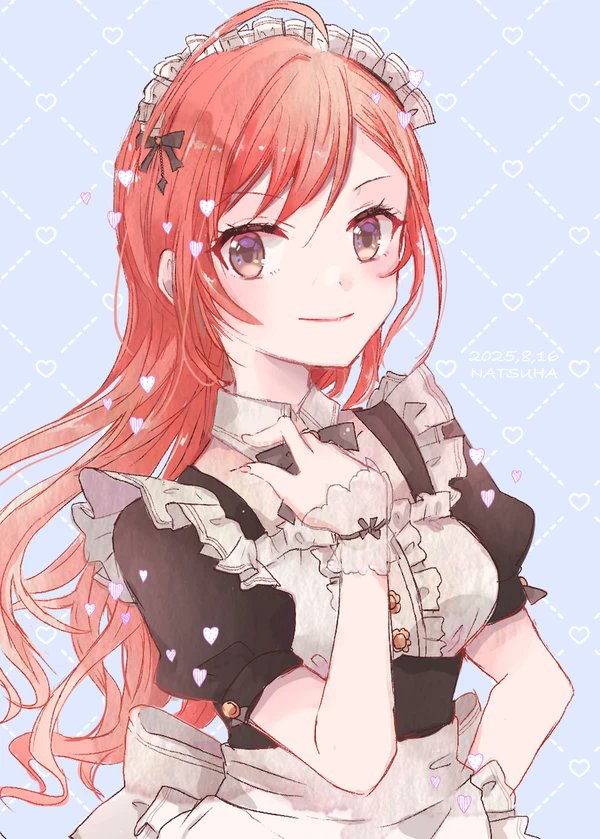 pin imas, arisugawa natsuha, idolmaster, idolmaster shiny colors, commentary request, 1girl, ahoge, alternate costume, apron, back bow, black dress, bow, bowtie, breasts, brown eyes, center frills, character name, closed mouth, dated, detached collar, dress, enmaided, frilled apron, frilled dress, frills, grey background, grey bow, grey bowtie, grid background, hair bow, hand on own hip, hand up, heart, large bow, long hair, looking at viewer, looking to the side, maid, maid headdress, medium breasts, parted bangs, puffy short sleeves, puffy sleeves, red hair, short sleeves, sideways glance, simple background, smile, solo, two-tone dress, upper body, waist apron, white apron, white dress, white headdress, white wrist cuffs, wrist cuffs