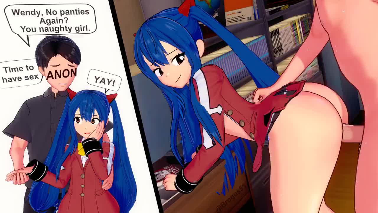 wendy marvell, fairy tail, animated, highres, tagme, video, 1boy, 1girl, 3d, against wall, ass, bent over, blue hair, bottomless, brown eyes, doggystyle, english text, hand on own face, height difference, holding hands, huge ass, legs, looking back, multiple views, naughty face, no panties, open mouth, sex, sex from behind, skirt, smile, thighs, tongue, twintails, vaginal
