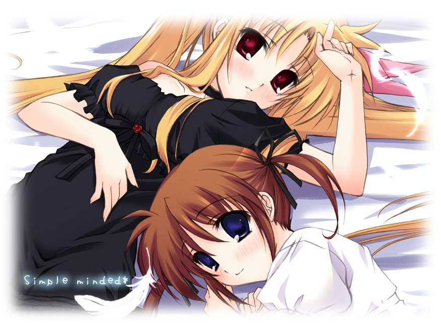 hayashi sakura, fate testarossa, takamachi nanoha, lyrical nanoha, mahou shoujo lyrical nanoha, 00s, 2girls, arm up, bed sheet, black dress, blonde hair, blue eyes, blush, brown hair, choker, dress, feathers, frills, long hair, looking at viewer, multiple girls, puffy short sleeves, puffy sleeves, red eyes, ribbon, short hair, short sleeves, smile, twintails, upper body, white dress