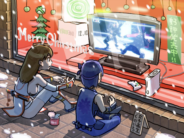 ayane (doa), kasumi (doa), nicole-458, ryu hayabusa, spartan (halo), dead or alive, tecmo, bad id, 2girls, breasts, christmas, game console, halo, medium breasts, multiple girls, parody, poverty, siblings, sideboob, sisters, thighhighs, unknown creation date, xbox 360