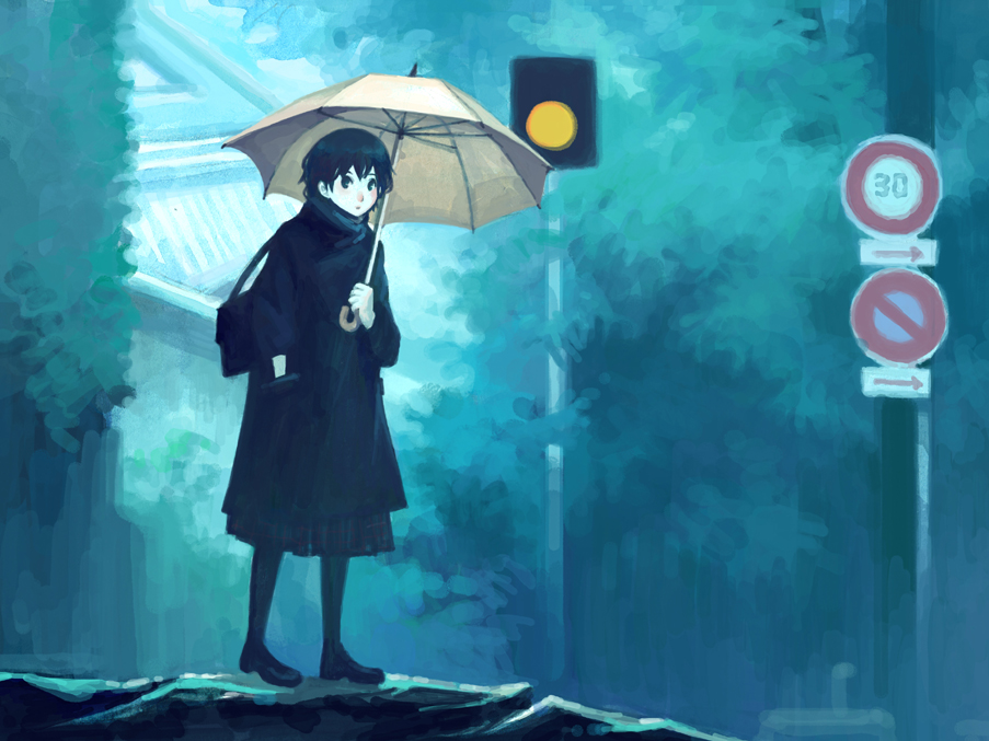 bf. (sogogiching), original, painting (medium), traditional media, 1girl, bag, black hair, coat, female focus, hand in pocket, outdoors, pantyhose, rain, road sign, short hair, sign, solo, umbrella, winter clothes