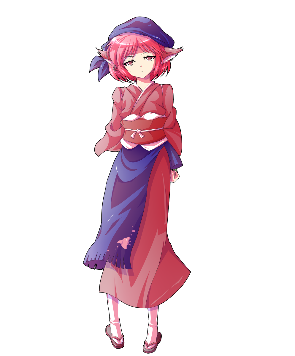 dairi, mystia lorelei, okamisty, touhou, commentary request, highres, large variant set, variant set, 1girl, alphes (style), animal ears, apron, arms behind back, bird ears, blue apron, brown kimono, brown sandals, earrings, full body, hat, japanese clothes, jewelry, kimono, no wings, obi, parody, pink hair, sandals, sash, short hair, socks, solo, standing, style parody, tachi-e, tasuki, transparent background, white socks