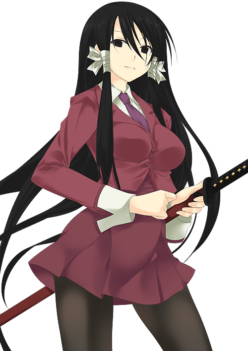 mizuki makoto, kisaragi kasumi, oono kanako, genshiken, kujibiki unbalance, 1girl, cosplay, dutch angle, female focus, katana, kisaragi kasumi (cosplay), miniskirt, mole, mole under eye, pantyhose, school uniform, simple background, skirt, solo, source, sword, weapon
