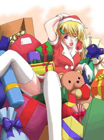 hozumi isatsu, original, 1girl, blonde hair, box, christmas, female focus, gloves, hand on own head, hat, open mouth, purple eyes, ribbon, santa costume, santa hat, solo, stuffed animal, stuffed toy, teddy bear, thighhighs, white gloves, white thighhighs, wince