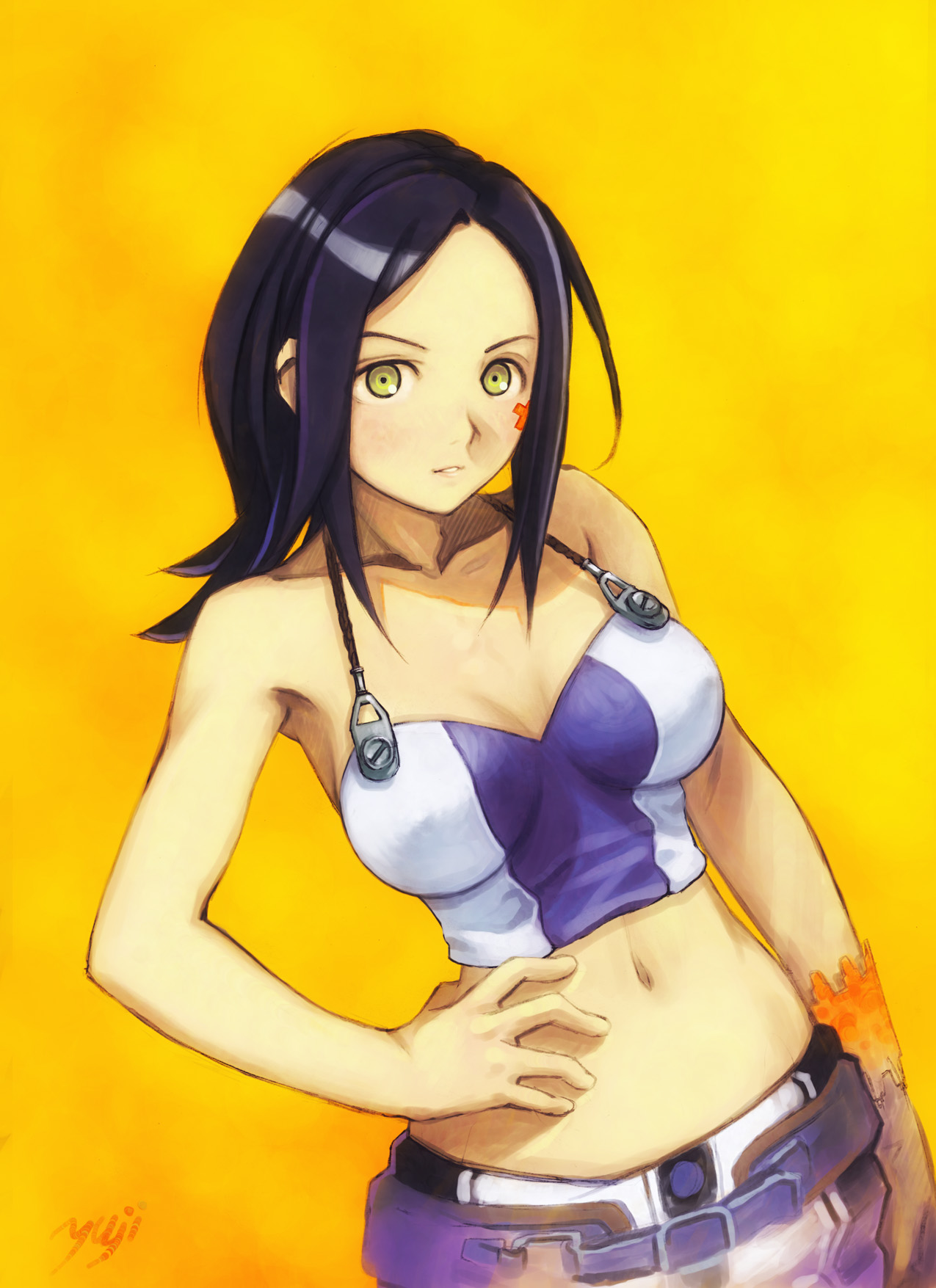 kobayashi yuji, talho yuuki, eureka seven, eureka seven (series), highres, 00s, 1girl, breasts, breasts apart, facial mark, female focus, hand on own hip, midriff, miniskirt, skirt, solo, standing