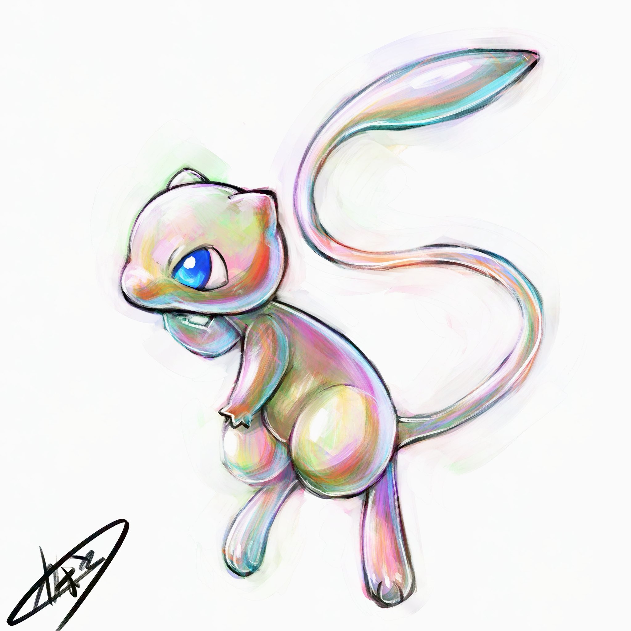 kaosu (kaosu0905), mew (pokemon), nintendo, pokemon, highres, animal focus, blue eyes, closed mouth, full body, gen 1 pokemon, legendary pokemon, mythical pokemon, no humans, pokemon (creature), pokemon focus, simple background, tail, white background