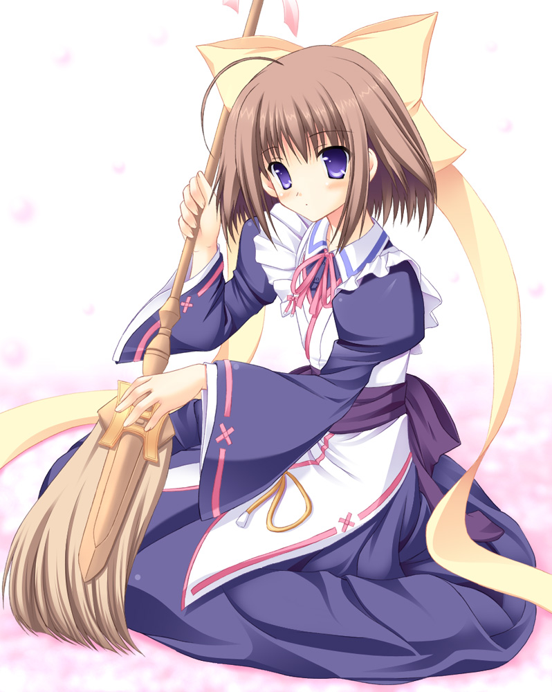 uehiro, ii futami, itsuka todoku ano sora ni, lump of sugar, uniform, 1girl, ahoge, blush, bow, broom, brown hair, dress, female focus, flat chest, hair ribbon, maid, purple eyes, ribbon, short hair, sitting, solo
