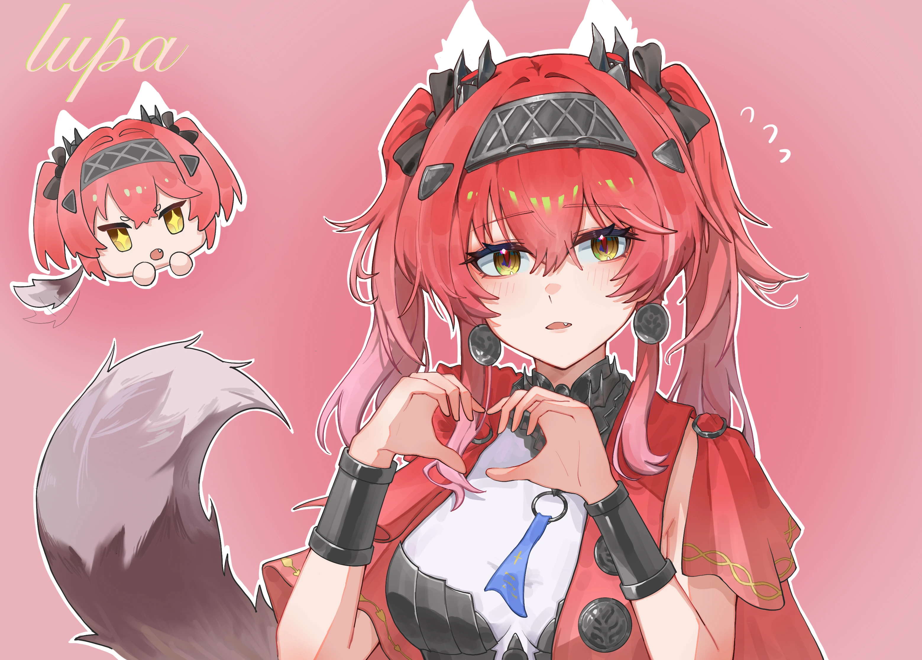 wuye z, lupa (wuthering waves), wuthering waves, highres, 1girl, armor, black bow, bow, breastplate, breasts, character name, collar, earrings, flying sweatdrops, hair bow, hairband, heart, heart hands, jewelry, large breasts, light blush, long hair, looking at viewer, metal collar, metal hairband, missing commentary, pink background, pink hair, red hair, red sash, sash, solo, tail, twintails, upper body, wolf tail, yellow eyes