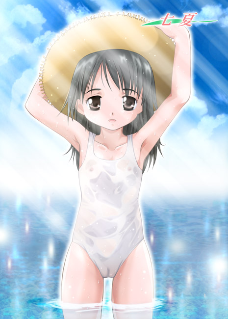 arino hiroshi, kohinata nanoka, koi kaze, 1girl, aged down, armpits, black eyes, black hair, cameltoe, casual one-piece swimsuit, female focus, flat chest, hair between eyes, hand on headwear, hat, light rays, loli, nipples, one-piece swimsuit, pussy, see-through clothes, solo, sparkle, straw hat, sunbeam, sunlight, swimsuit, wading, water, wet