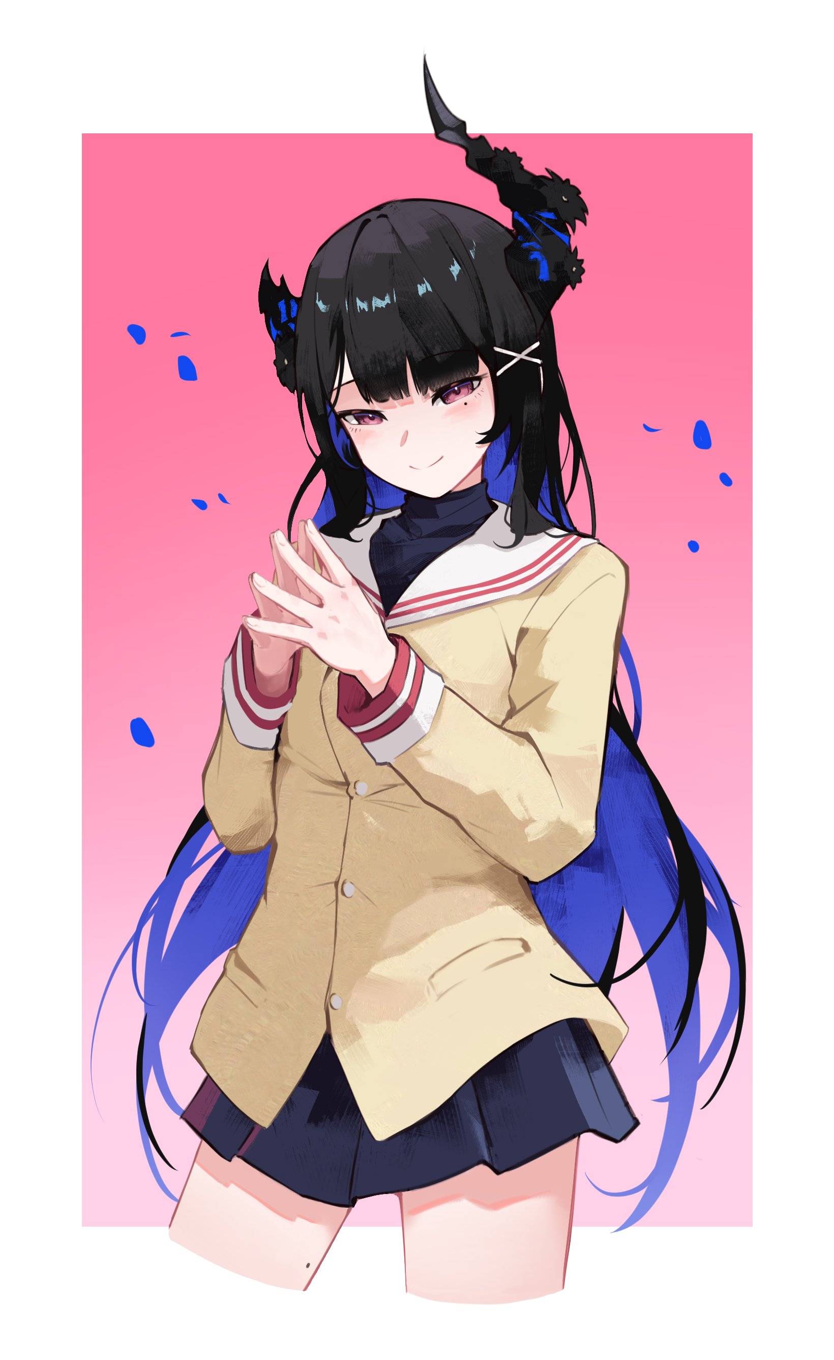 namiorii, nerissa ravencroft, clannad, hololive, hololive english, absurdres, highres, 1girl, alternate costume, asymmetrical horns, black hair, black shirt, blue hair, blunt bangs, brown jacket, closed mouth, colored inner hair, cowboy shot, demon horns, flower, hair ornament, hairclip, hikarizaka private high school uniform, horn flower, horns, jacket, long hair, looking at viewer, miniskirt, mole, mole under eye, multicolored hair, plaid clothes, plaid skirt, purple eyes, sailor collar, school uniform, shirt, sidelocks, skirt, sleeve cuffs, smile, solo, steepled fingers, straight hair, undershirt, uneven horns, very long hair, virtual youtuber, white sailor collar, x hair ornament