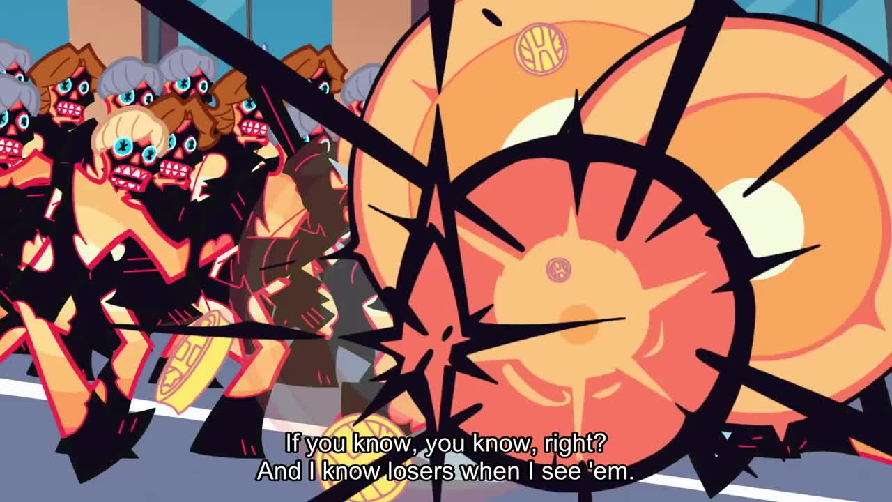 kneesocks (psg), panty (psg), polyester (psg), polyurethane (psg), scanty (psg), see-through (psg), stocking (psg), panty & stocking with garterbelt, jeep, animated, tagme, video, 2boys, 4girls, battle, car, destruction, long hair, motor vehicle, multiple boys, multiple girls, short hair