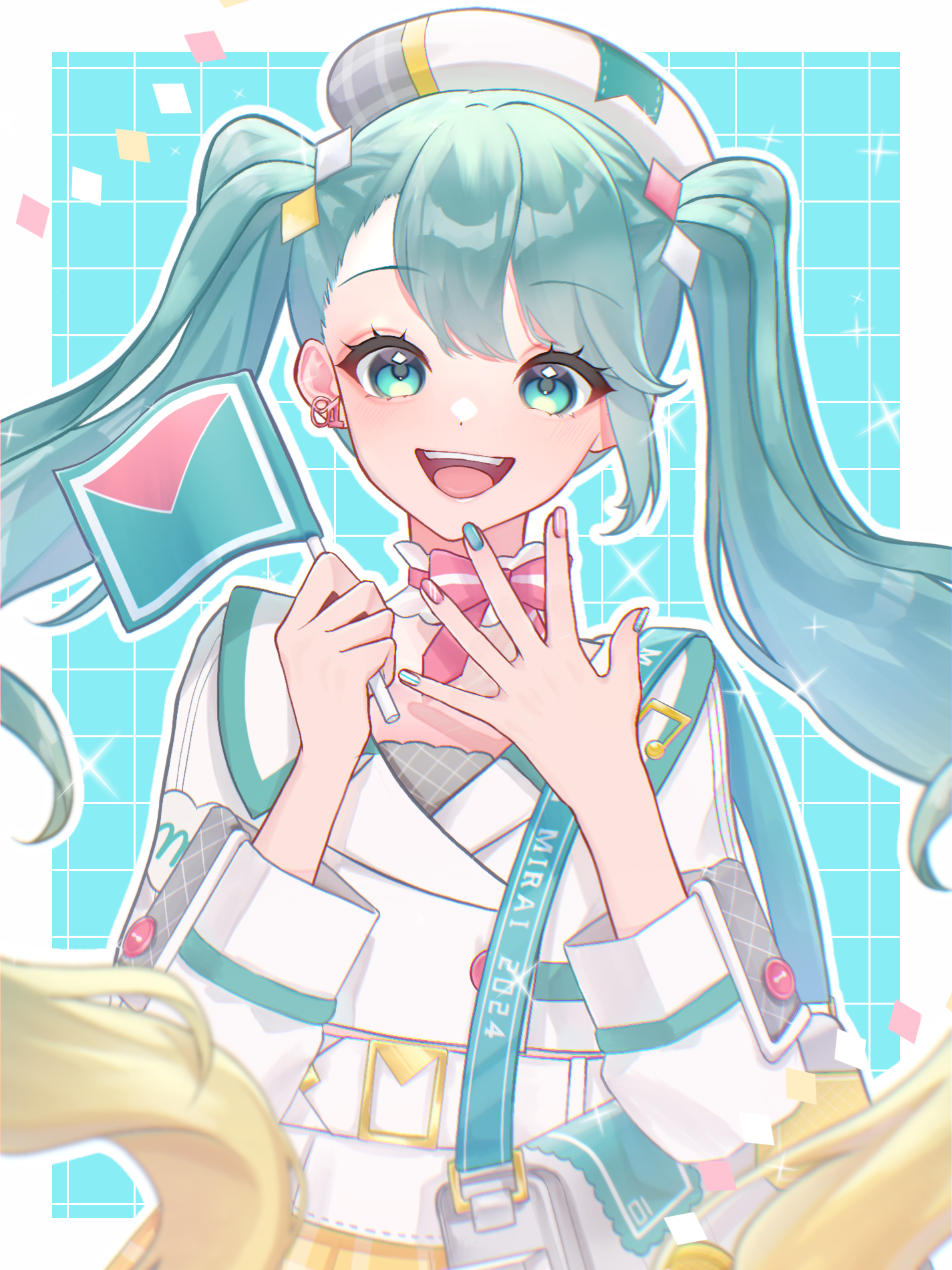 hatsune miku, magical mirai miku, magical mirai miku (2024), magical mirai (vocaloid), vocaloid, highres, 1girl, aqua eyes, aqua hair, aqua nails, belt, beret, blonde hair, cropped jacket, flag, gradient hair, hat, holding, holding flag, jacket, koron 000, long hair, long sleeves, looking at viewer, multicolored hair, number earrings, official alternate costume, official alternate hairstyle, open mouth, pink nails, smile, solo, twintails, very long hair, white belt, white hat, white jacket