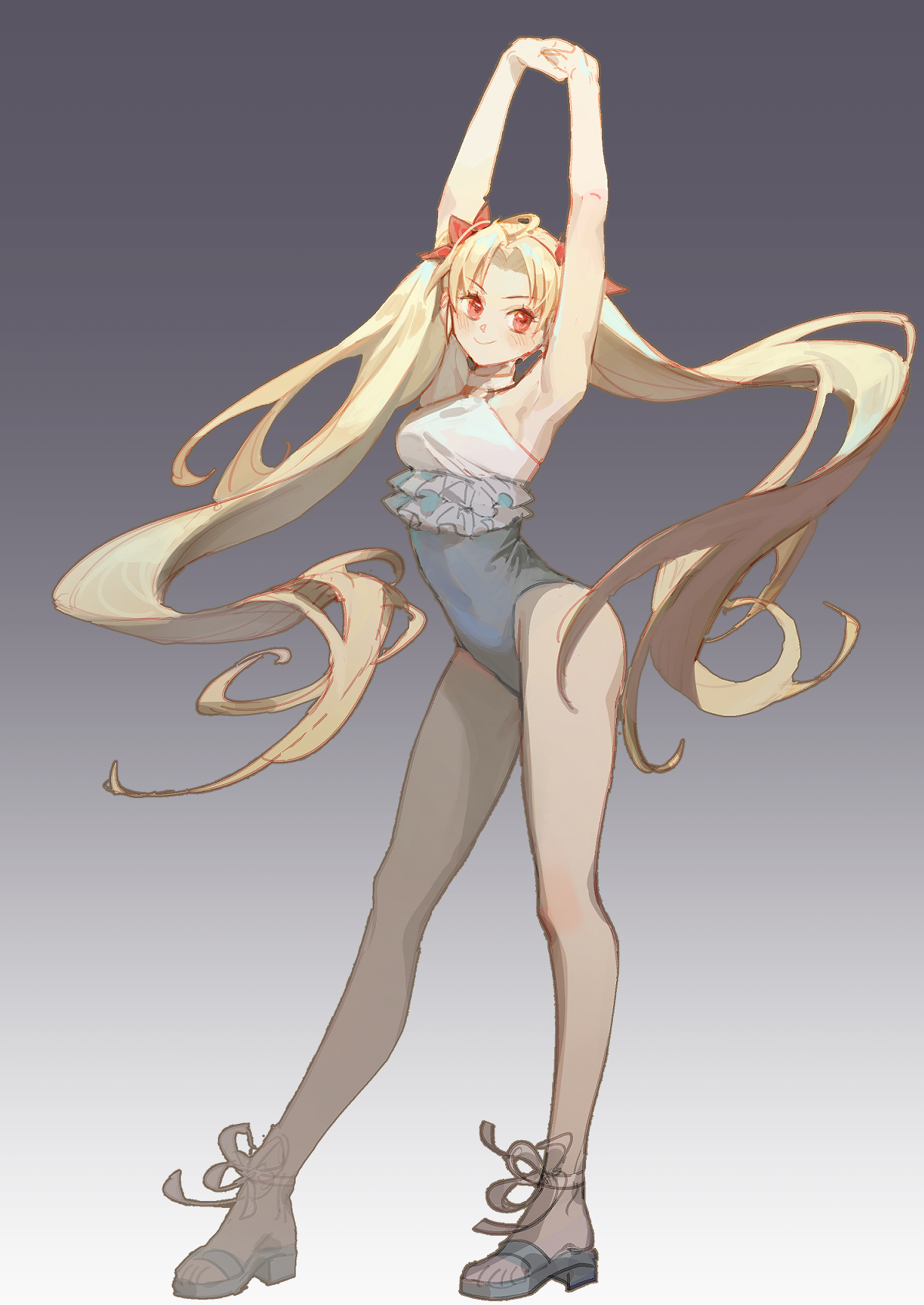 lossehelin, ereshkigal (fate), space ereshkigal (fate), space ereshkigal (first ascension) (fate), chinese commentary, commentary request, highres, 1girl, armpits, blonde hair, blush, bow, closed mouth, curtained hair, facing viewer, frilled one-piece swimsuit, frills, full body, gradient background, hair bow, long hair, one-piece swimsuit, outstretched arms, own hands together, red bow, red eyes, sandals, sideways glance, simple background, smile, solo, stretching, swimsuit, twintails, two-tone one-piece swimsuit, very long hair