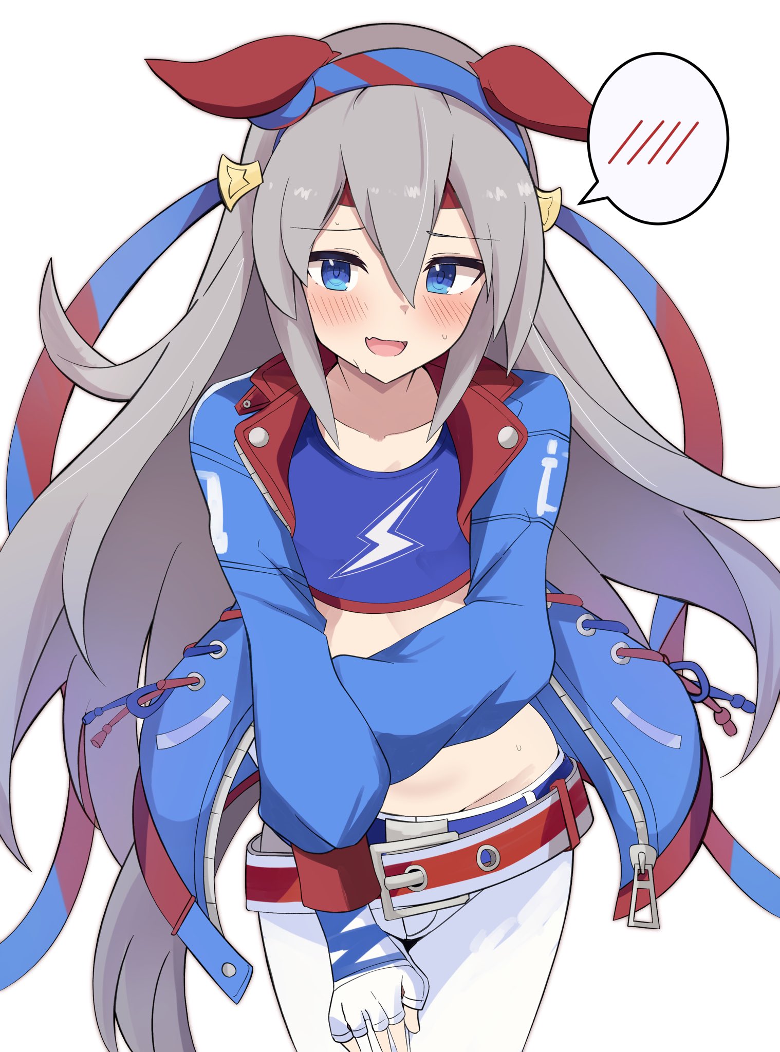 koshian (taiyaki), tamamo cross (umamusume), umamusume, highres, 1girl, animal ears, belt, blue eyes, blue hairband, blue jacket, blush, cowboy shot, ear covers, fingerless gloves, gloves, grey hair, hair between eyes, hairband, headband, horse ears, horse girl, horse tail, jacket, long hair, long sleeves, looking at viewer, midriff, pants, red belt, red headband, simple background, solo, spoken blush, striped clothes, striped hairband, tail, white background, white gloves, white pants
