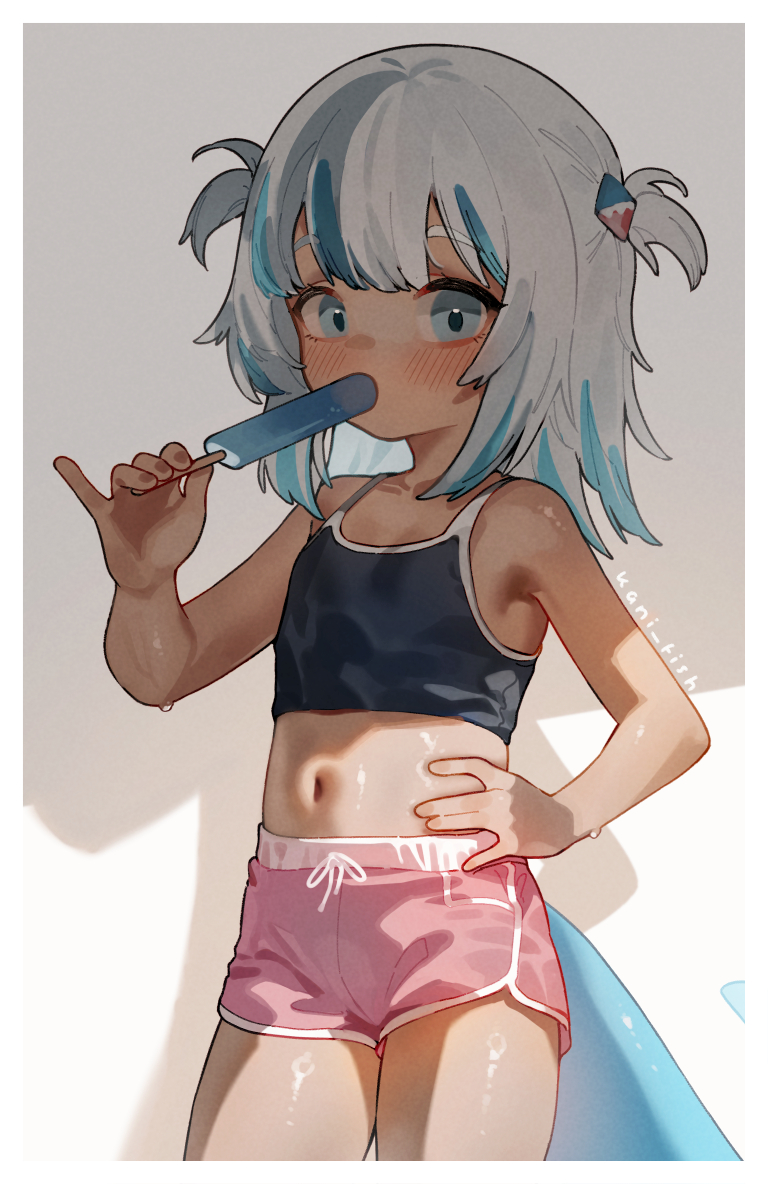 kani fish, gawr gura, hololive, hololive english, 1girl, blue eyes, blue hair, cowboy shot, dolphin shorts, fins, fish tail, flat chest, food, hair ornament, looking at viewer, multicolored hair, navel, pink shorts, popsicle, shark girl, shark hair ornament, shark tail, shorts, solo, streaked hair, tail, two side up, white hair