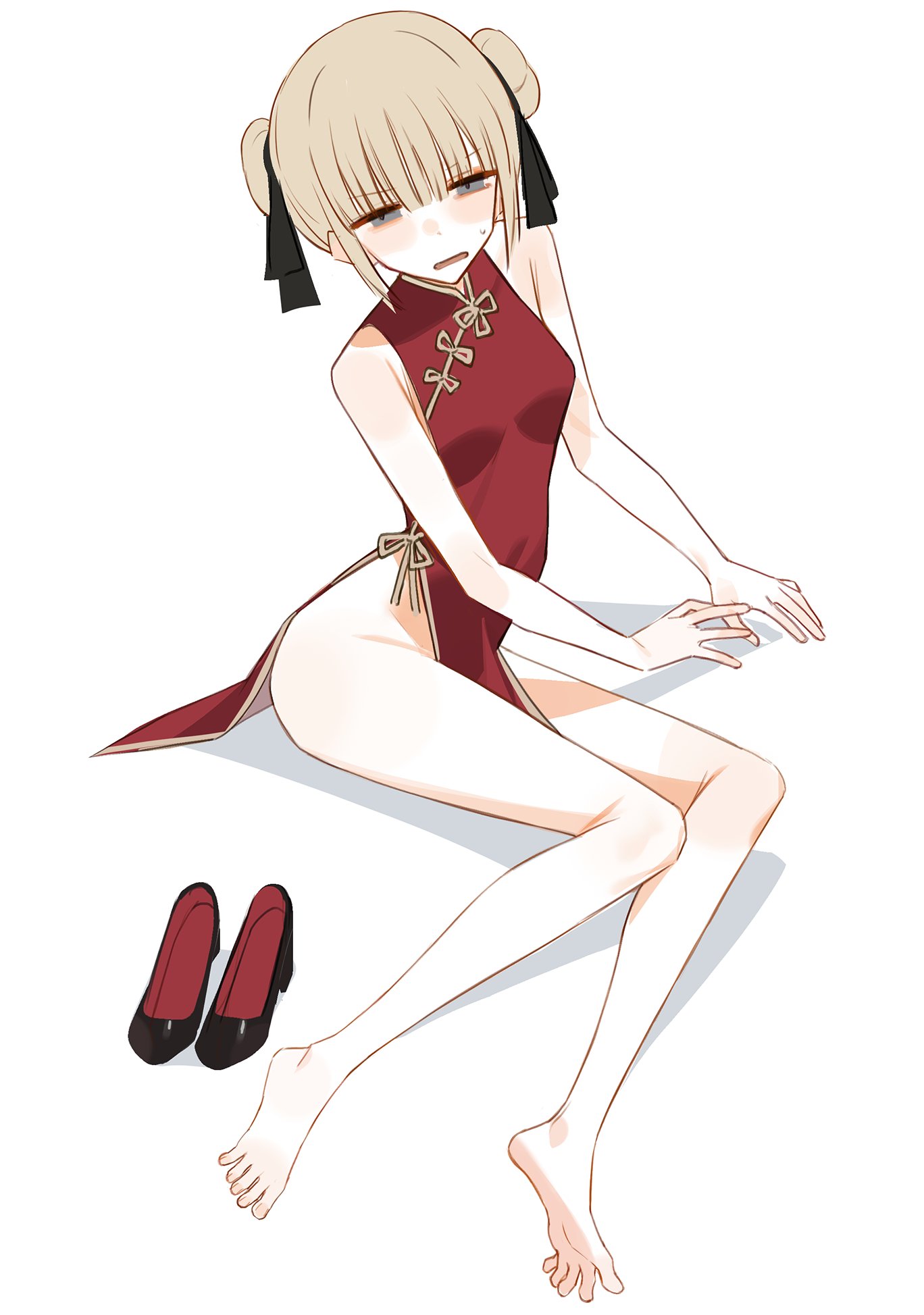 planbi, highres, 1girl, barefoot, blonde hair, blush, china dress, chinese clothes, double bun, dress, feet, hair bun, long hair, looking at viewer, open mouth, parted lips, shoes, soles, toes, unworn shoes