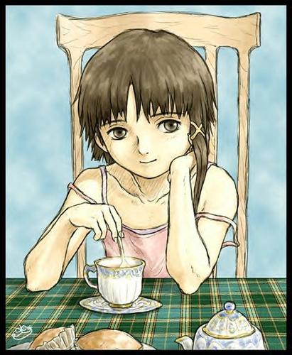kobaneko, iwakura lain, serial experiments lain, plaid, lowres, 1990s (style), 1girl, bare shoulders, brown eyes, brown hair, camisole, cup, female focus, hair ornament, hairclip, retro artstyle, short hair, smile, solo, strap slip, tea, teacup