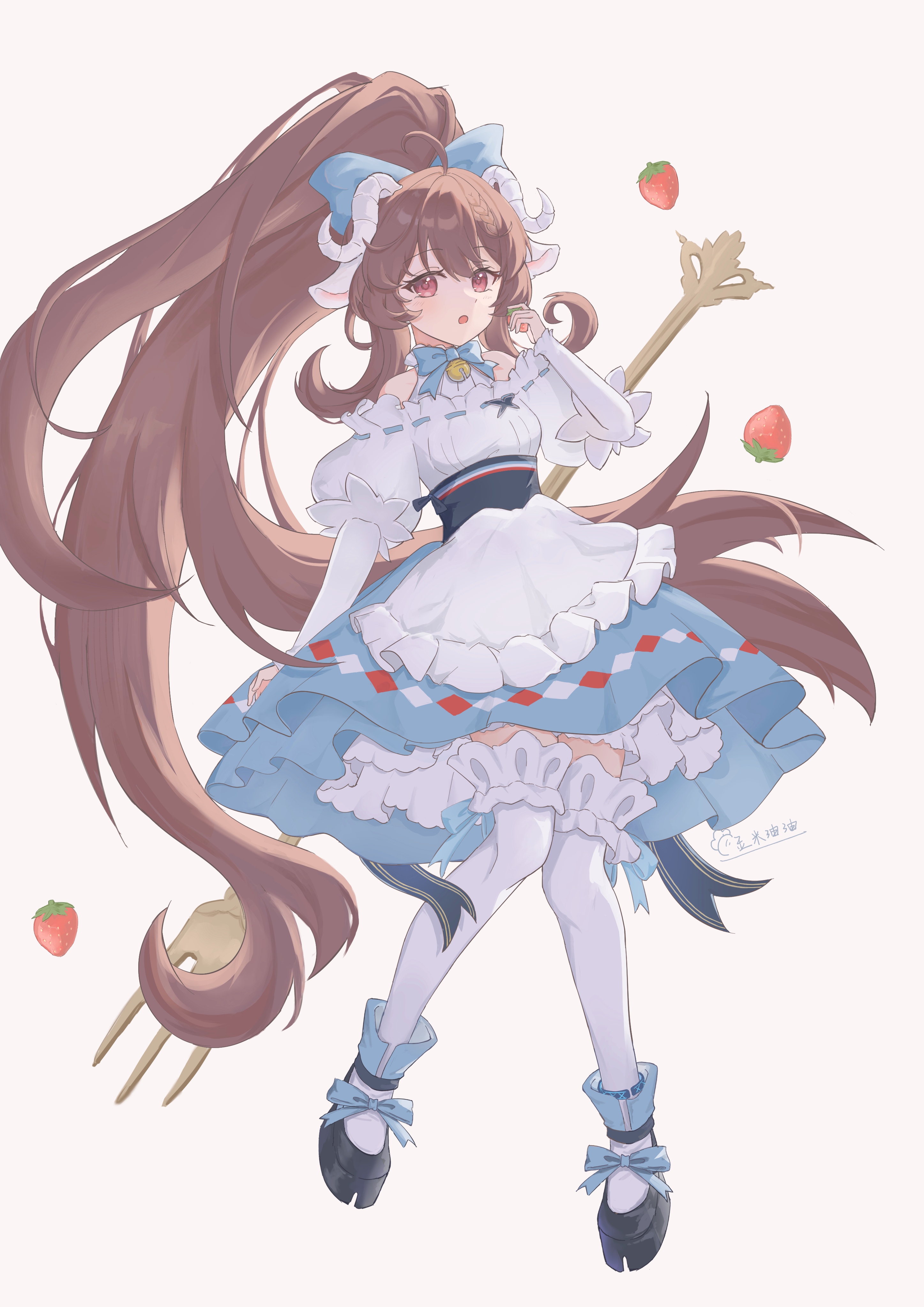 yvmi youyou w, eyjafjalla (arknights), eyjafjalla the hvit aska (a picnic before a long trip) (arknights), eyjafjalla the hvit aska (arknights), arknights, absurdres, highres, 1girl, animal ears, apron, artist name, bare shoulders, blue bow, blue bowtie, blue skirt, bow, bowtie, brown hair, detached sleeves, dress, food, fork, frills, fruit, full body, hair bow, high ponytail, holding, holding fork, horns, long hair, long sleeves, looking at viewer, open mouth, ponytail, puffy sleeves, red eyes, sheep horns, shoes, simple background, skirt, solo, strawberry, thighhighs, very long hair, white background, white dress, white thighhighs