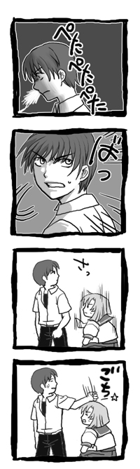 maebara keiichi, ryuuguu rena, higurashi no naku koro ni, translation request, 00s, 4koma, comic, greyscale, monochrome