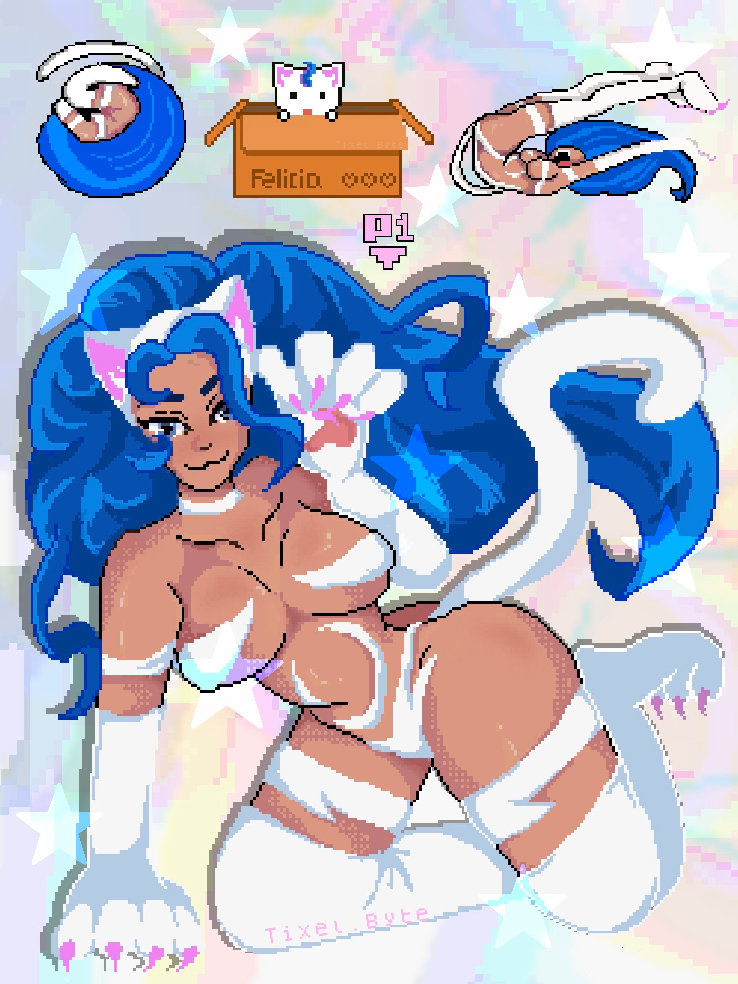felicia (darkstalkers), darkstalkers, 1girl, animal ears, ass, bare shoulders, blue eyes, blue hair, breasts, cat ears, cat tail, dark-skinned female, dark skin, large breasts, long hair, looking at viewer, pixel art, rolling, tail, tixel.byte, very long hair, white fur