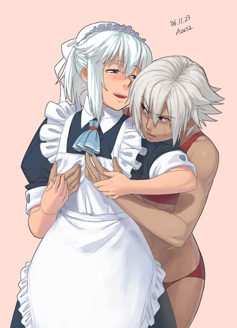 azusa (hws), original, 2girls, blue eyes, blush, bra, breasts, dark-skinned female, dark skin, female focus, grabbing another's breast, grabbing from behind, groping, lingerie, maid, multiple girls, panties, red bra, red panties, short hair, underwear, white hair, yuri