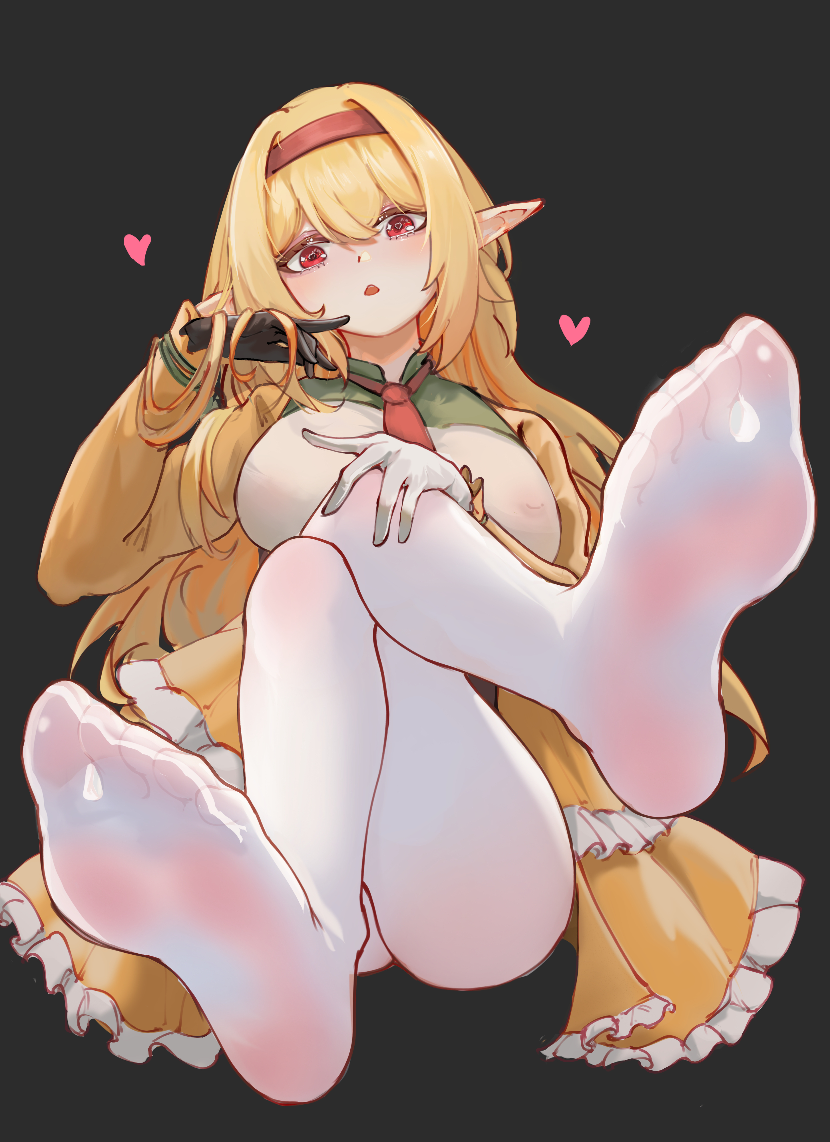 sqh510, original, absurdres, highres, 1girl, blonde hair, crossed legs, elf, feet, hairband, hand on own knee, light blush, long hair, looking at viewer, open mouth, pantyhose, parted lips, pointy ears, red eyes, soles, toes, white pantyhose