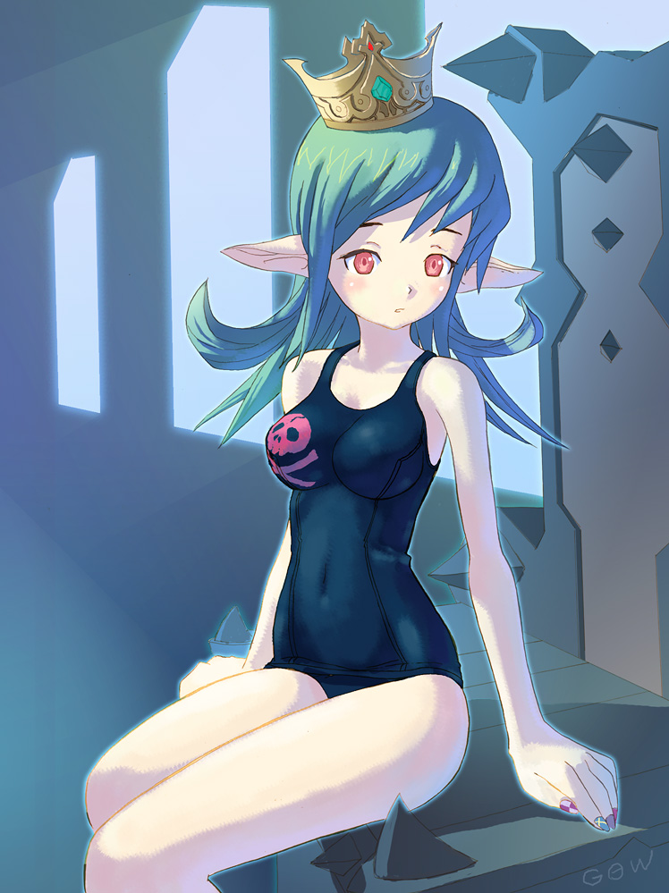 tougetsu gou, 1girl, breasts, crown, elf, female focus, hat, one-piece swimsuit, pointy ears, school swimsuit, solo, swimsuit