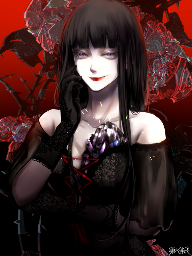 tayutaill, dairoku ryouhei, 1girl, bare shoulders, black gloves, black hair, blunt bangs, breasts, cleavage, copyright name, gloves, half-closed eyes, hand up, lipstick, long hair, looking at viewer, makeup, medium breasts, pale skin, purple eyes, red background, solo, upper body