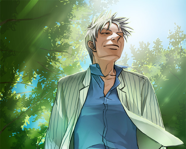 akagi shigeru, akagi, fukumoto mahjong, ten (manga), 1boy, grey hair, jacket, lens flare, male focus, pointy nose, solo, squinty eyes, suit jacket, tree