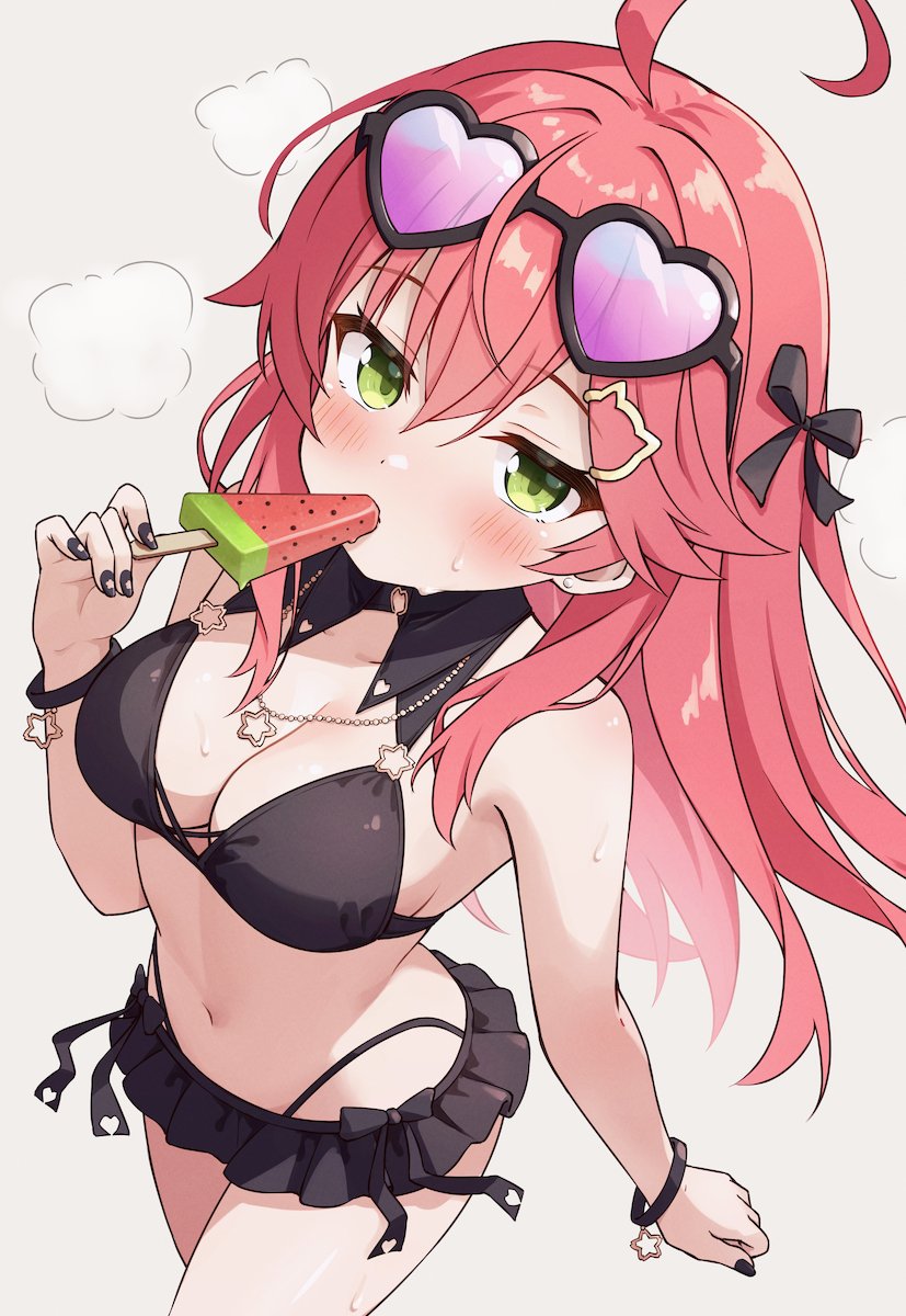 minazuki mizu, sakura miko, hololive, commentary request, highres, 1girl, ahoge, bikini, bikini skirt, black-framed eyewear, black bikini, black nails, blush, bow, bracelet, breasts, cat hair ornament, cleavage, eyewear on head, food, food in mouth, green eyes, hair between eyes, hair bow, hair ornament, heart, heart-shaped eyewear, jewelry, large breasts, long hair, looking at viewer, nail polish, navel, o-ring, o-ring bikini, pink-tinted eyewear, pink hair, popsicle, simple background, solo, star o-ring, swimsuit, tinted eyewear, virtual youtuber, watermelon bar