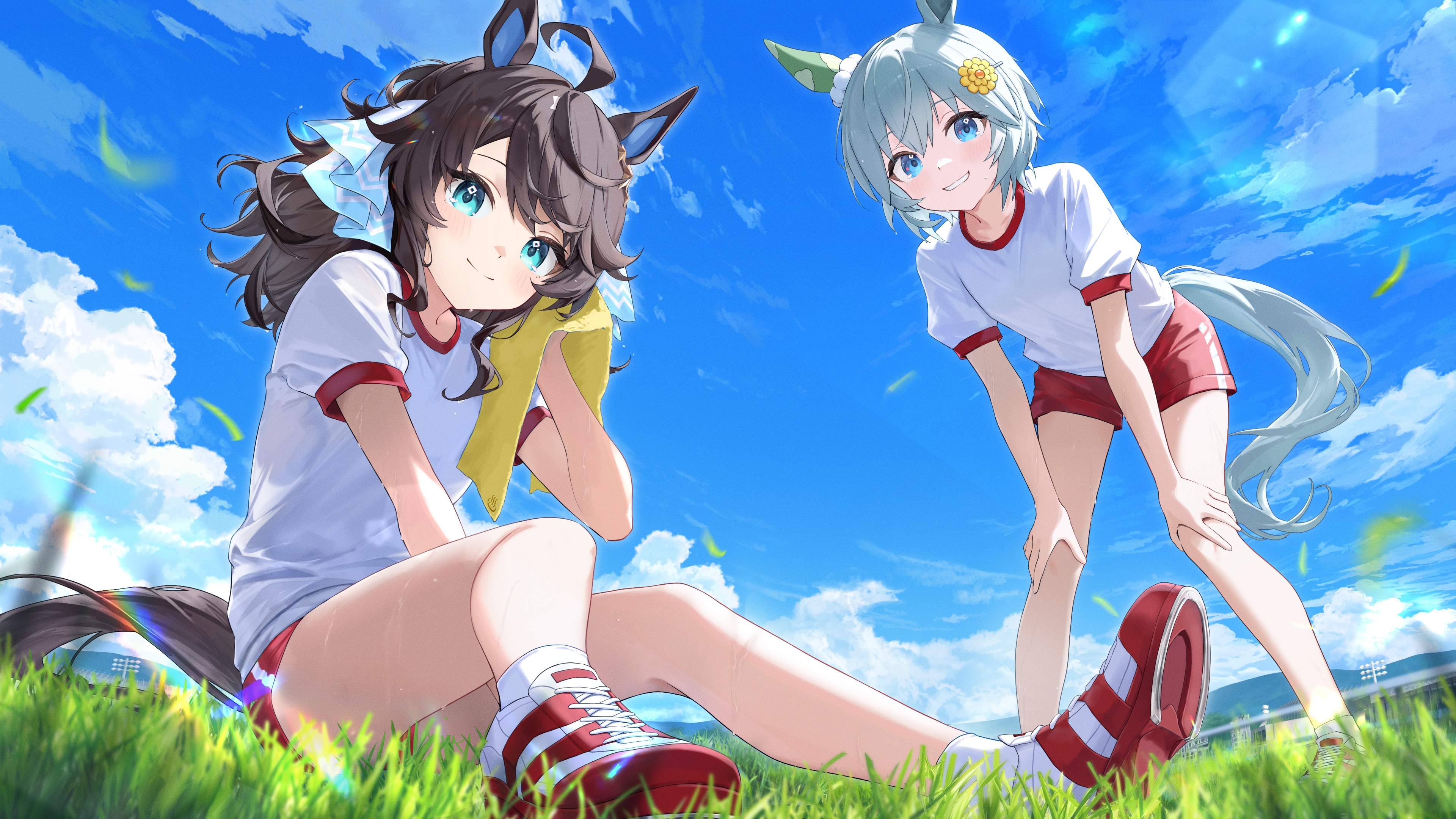 amanun, daring tact (umamusume), seiun sky (umamusume), umamusume, absurdres, highres, 2girls, animal ears, black hair, blue eyes, breasts, cloud, grass, gym uniform, hair ornament, horse ears, horse girl, horse tail, multiple girls, outdoors, shirt, shoes, shorts, sitting, sky, small breasts, summer, tail, white shirt